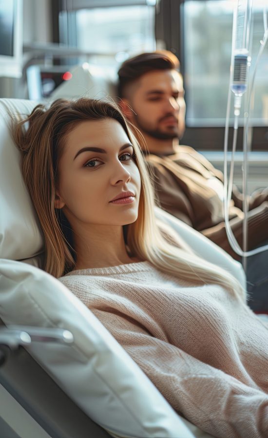 Patient reclining in a treatment chair receiving an IV drip